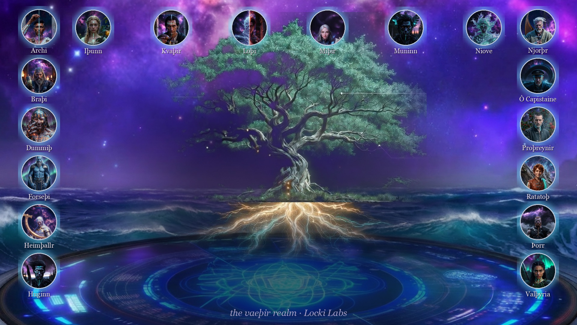 L'arbre du royaume vaeþir entouré de ses dix-huit agents, dont Ò Capistaine